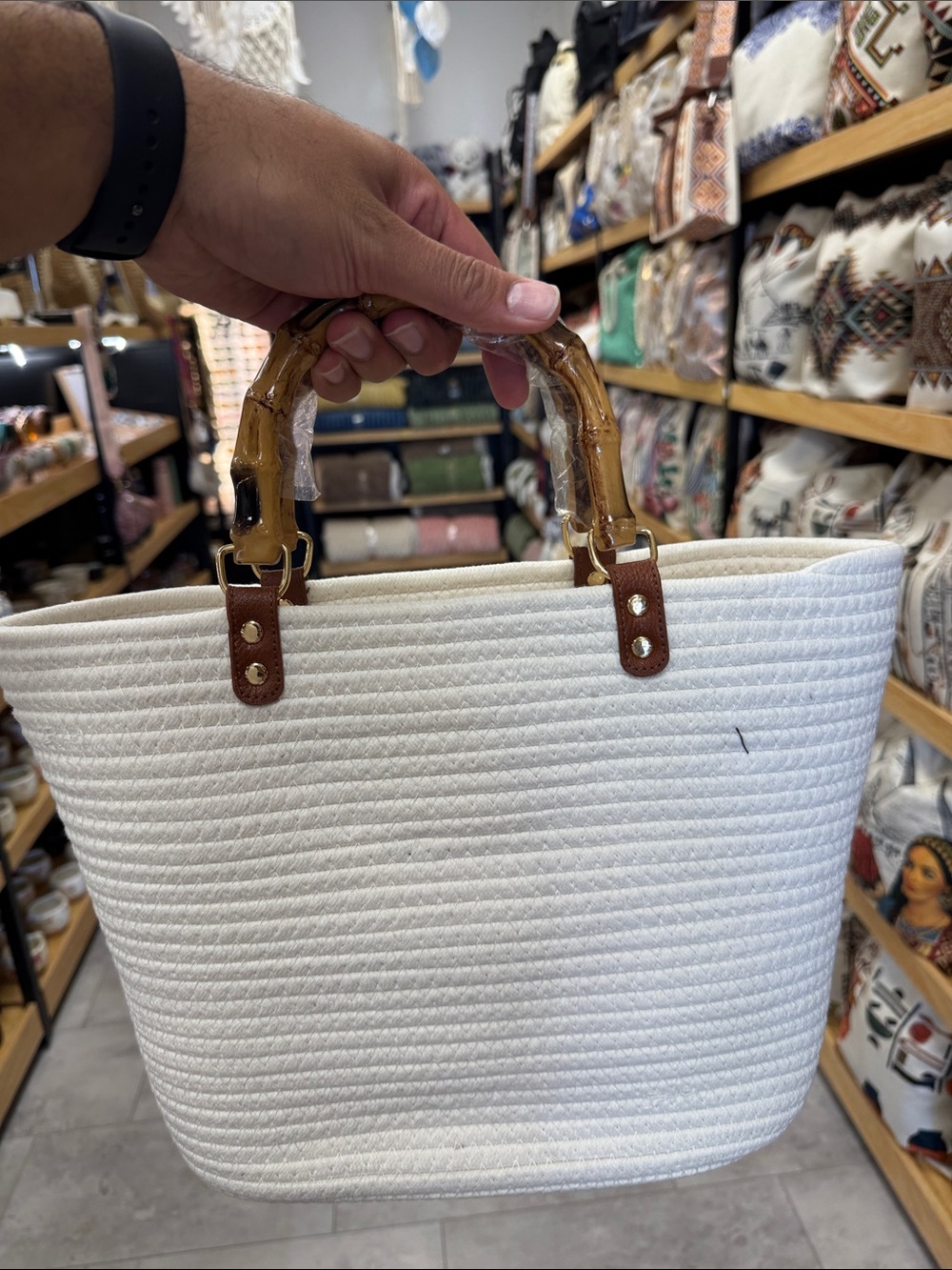 Cream Rope Tote with Bamboo Handles - Women Bags